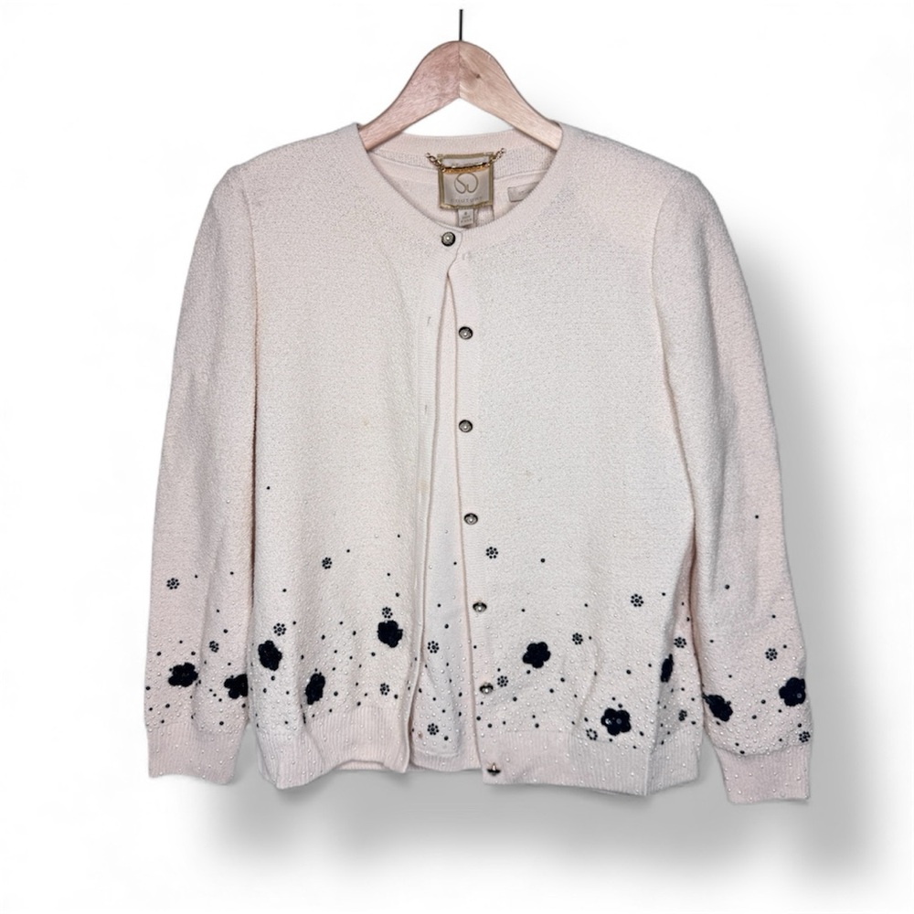 St. John Couture Cream Knit Beaded Floral Pearl Luxury Cardigan Matching Set